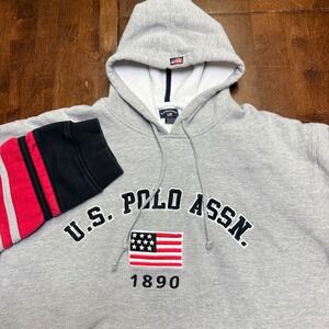 US Polo Assn Hoodie Men XL Gray American Flag Sleeve Stripes Pullover Sweatshirt